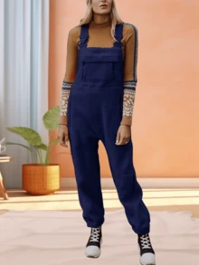 Women's Fleece-Lined Winter Overalls Loose Casual Jumpsuits With Multi-Pockets For Cozy Warmth - 藏蓝色 - 查看 1