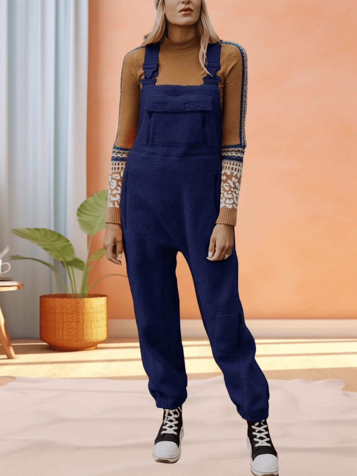 Women's Fleece-Lined Winter Overalls Loose Casual Jumpsuits With Multi-Pockets For Cozy Warmth - 藏蓝色 - 查看 1