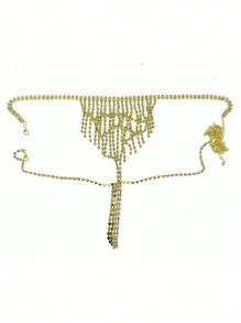 Bikini con bralette decorado con rhinestones, tanga y cadena corporal como accesorio de joyería para mujer, ideal para el verano