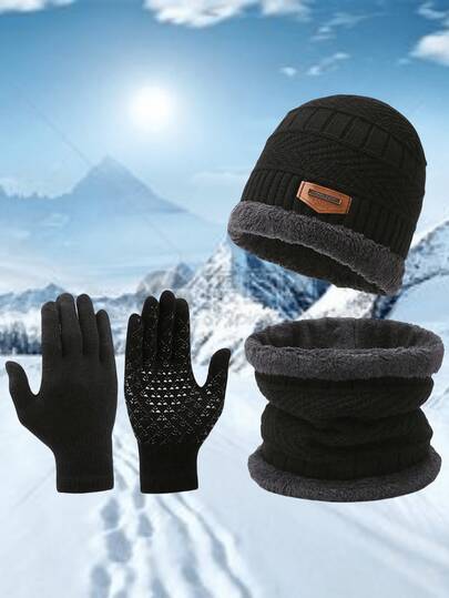 1pc/3pcs Set New Winter Knitted Hat, Neck Warmer Scarf, Touch Screen Gloves Set, Wool Lining Beanies For Women, Outdoor Accessories For Winter