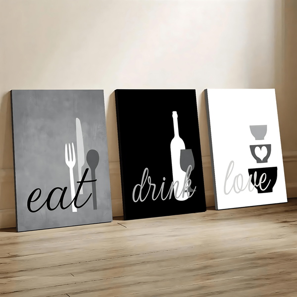 3 piezas de arte de pared enmarcado en madera para la cocina "Comer Beber Amar" póster de lienzo gris/negro | Decoración de sala de estar | Arte de pared para sala de estar, decoración de pared, impresiones de arte de pared, arte de pared para dormitorio | Pósteres de lienzo y decoración de pared