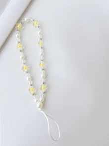 1pc Flower Pearl Silver Ring Mobile Phone Lanyard, Keychain, Earbud Holder Pendant - Multicolor - View 4