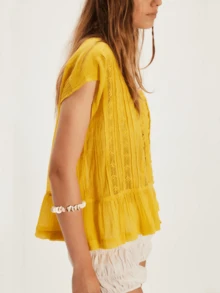 Women Summer Boho Button Front Lace Trim Shirts Tops Y2k Short Sleeve Square Neck Flowy Frilly Chiffon Cardigan Ruffle Eyelet Tank Tops Beach Vacation Going Out Tops Blouses Casual Aesthetic Clothes - 芥末黃 - 查看 4
