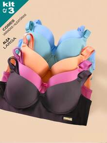 Kit With 3 Basic Bras Reinforced Bra Wide Strap Bra Two Clasp Silicone Effect Breast Lift Lingerie Cup Bra - 彩色 - 查看 1
