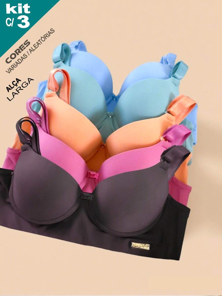 Kit With 3 Basic Bras Reinforced Bra Wide Strap Bra Two Clasp Silicone Effect Breast Lift Lingerie Cup Bra - 彩色 - 查看 1