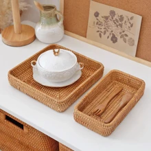 1pc Natural Handmade Rattan Dining Tray, Japanese Square Multipurpose Fruit Platter Storage Box, Suitable For Restaurant/Outdoor Picnic, Home Storage, Wedding Decor, Fruit Basket