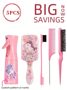 5 Conjuntos de Kits de Pente Trançado, (200 Mililitros) Garrafas de Spray de Névoa Contínua, Pentes de Unicórnio/Pirâmide Cartoon, Adequado para Penteados de Adultos e Meninas, Pentes de Alisamento e Laterais, Adequado para Design de Penteados e Personalização de Padrões e Nomes por Cabeleireiros, Temporada de Volta às Aulas, Acessórios de Cabelo Infantil, Popular