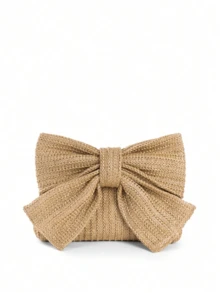 Vacation Style Lady Woven Bag With Large Bowknot Design, Multi-Functional For Handheld, Shoulder, Crossbody, Metal Chain Detachable Valentines, Perfectly Matching With Prom Accessories, Eye-Catching Beach Bag Summer, Fashion Summer Vacation Bag, Beach Essentials Women Bags For Vacation & Holiday, Best Choice Elegant Bag For Bridal Shower, Fashionable Clutch Bags For Woman