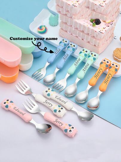 Juego de tenedor y cuchara de acero inoxidable 304 con caja de almacenamiento, con texto/logo personalizado. Cuchara para alimentación de bebé con diseño de búho de dibujos animados, creativo, moderno, colorido, lindo para niños, cena de gala.