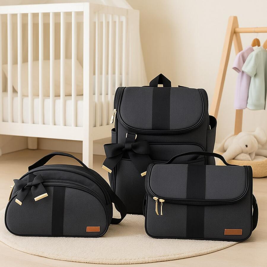 By BABY By Fsouza Kit Bolsa Maternidade Linho Black – Mochila + Bolsa + Frasqueira Térmica infantil - Preto - Visão 1