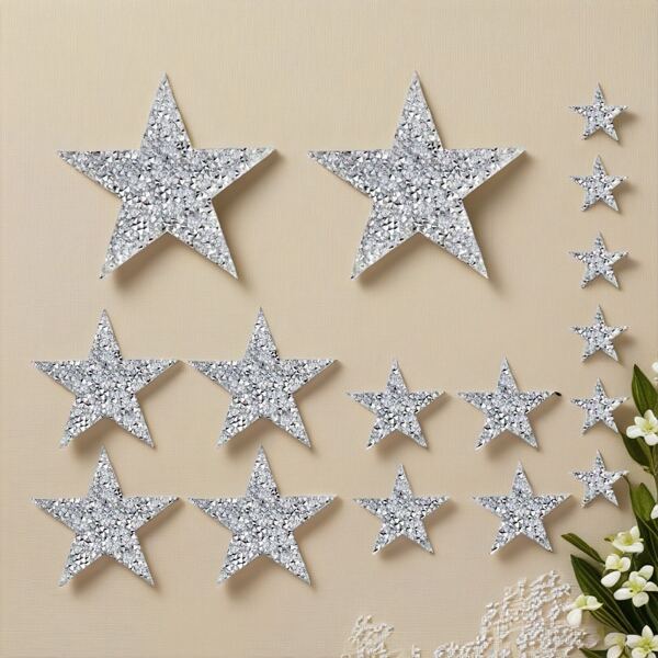 8 pezzi di patch a forma di stella con glitter, applicazioni di strass argentati e scintillanti a caldo per abbigliamento, jeans, scarpe, borse, cappelli, decorazioni e accessori fai-da-te