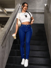 Jeans pitillo de cintura alta - Azul - Ver 1