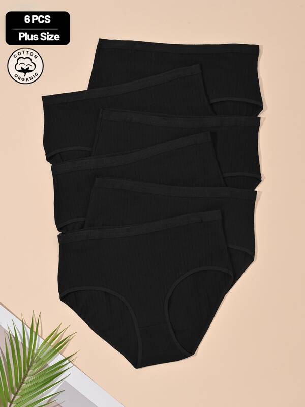 6 Pcs Plus Size Women's Cotton High Waist Ribbed, Solid Color Underpants,Underwear Collection Multiple Colors Available Soft Comfortable Breathable Suitable For Daily Wear Stretch Panties