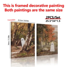 2 件装、可爱怪异墙饰、秋季怪异万圣节套装、秋季风景画、怪异万圣节装饰、森林、带画框的墙饰、墙饰、海报、帆布材料（可选画框）、万圣节礼物、特殊礼物、家居装饰、厨房装饰、客厅装饰、卧室装饰、办公室装饰、万圣节装饰、不给糖就捣蛋 - 多色 - 查看 10