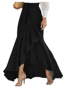 Women's Solid Color Elegant Skirt Lace-Up High Waist Ruffled Pleated A-Line Skirts Party Wear Bottoms - 黑色 - 查看 2