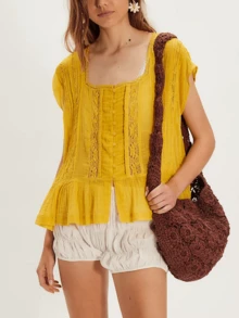 Women Summer Boho Button Front Lace Trim Shirts Tops Y2k Short Sleeve Square Neck Flowy Frilly Chiffon Cardigan Ruffle Eyelet Tank Tops Beach Vacation Going Out Tops Blouses Casual Aesthetic Clothes - 芥末黃 - 查看 2