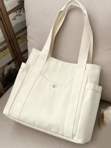 Canvas Tote Bag With Zipper, White Black Multi-Pocket Women's Shoulder Bag, Multiple Pockets, Can Hold Daily Necessities, Travel Items And Work Supplies, Reusable, Casual Shopping Beach Bag, Versatile And Fashionable - 米色 - 查看 10