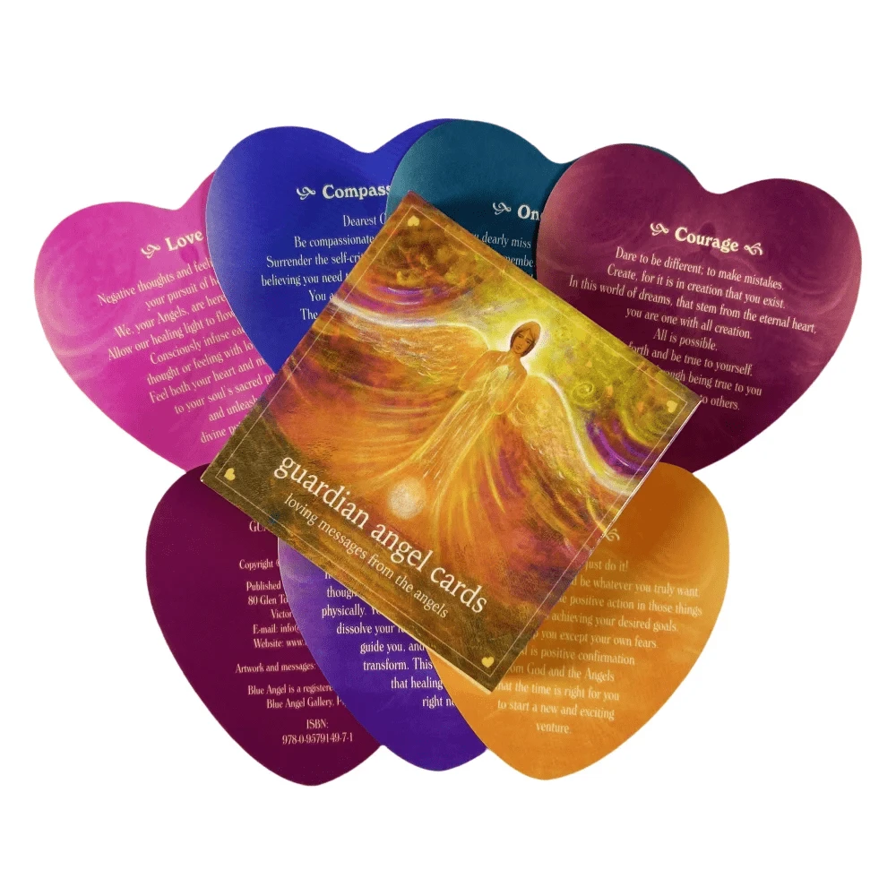 精致的天使主题肯定套装 - 奢华心形神谕卡，用于开学正念和个人成长 - 彩色 - 查看 1