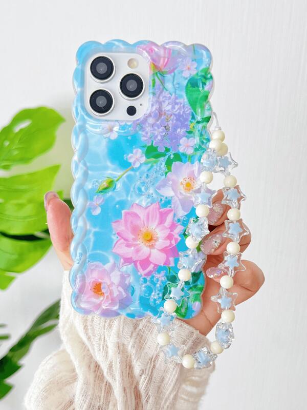 2 Peças Capa de Telefone da Moda com Cordão, Decoração Pendente de Lótus Oceânica Transparente Azul e Estrela Azul