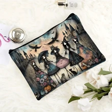 Geantă de machiaj gotică multifuncțională – cu modele de vrăjitoare, pisică neagră și bufniță, geantă de călătorie portabilă din pânză, ideală pentru călătorii, gustări, monede, cu model elegant de castel, cadou perfect pentru surori