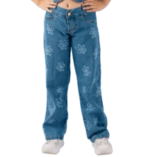 Calça Jeans Wide Leg Desenho Flor Infantil Juvenil Menina - Lavagem Média - Visão 3
