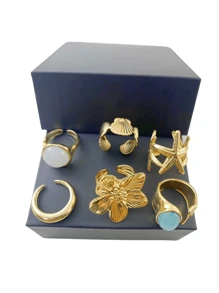 6pcs/Set Baroque Inspired Faux Pearl Flower Ring Set, Vintage Retro Bold Adjustable Cocktail Rings For Women