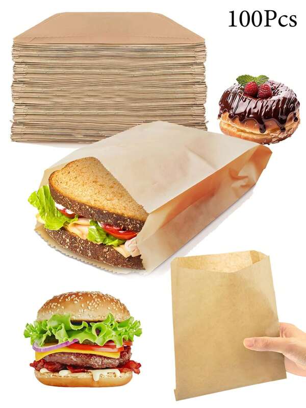 50/100pcs Kraft Paper Sandwich Bags,Greaseproof Disposable Food Bags For Burgers, Desserts, Fried Chicken | Leak-Resistant Snack Packaging For Parties, Catering, Food Truck | Wedding Birthday | Back To School