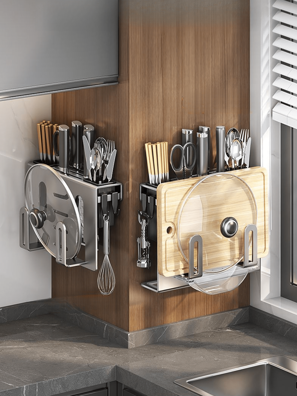 High-Quality Carbon Steel Kitchen Knife Holder - Wall-Mounted, Drill-Free Multifunctional Rack With Drainage And Lid Holder, Suitable For Knives, Forks, Spoons, And Chopsticks, Kitchen Utensil Storage Solution For Small Kitchens, Kitchen Organizer And Storage