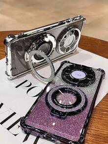 奢华电镀透明手机壳，带指环支架和磁吸支架，防震，镶钻闪亮，Y2K风格，时尚硅胶软壳保护套，兼容 16/16E/15/14/13/12/11/X/XS/XR/8/7 Plus/Pro/Max/Mini、Galaxy S24/S25 Ultra、小米Redmi、荣耀、OPPO Reno、MOTO Infinix Women 2025等机型。