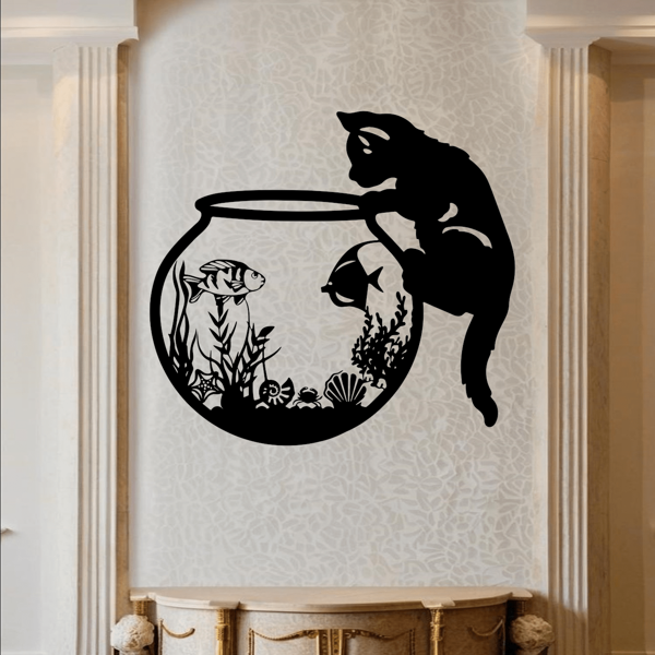 1PC, The Kitten Lies On Top Of The Fish Tank And Looks Down At The Iron Art Of The Fish, Which Is Beautiful And Charming. Iron Decorative Strip Art, Suitable For Interior, Wall, Painting, Decoration, Room Decoration, Living Room Decoration. It Doesn't Require A Battery, It's A Metal Product