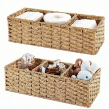 1pc Woven Three-Compartment Storage Basket, Handmade Paper Rope & Willow Storage Bin, Toilet Tank Top Tissue Box Holder, Bathroom Organizer Basket, Storage, Makeup Organizer, Organizer, Basket, Organization And Storage, Baskets, Room Organize - Multicolor - View 1