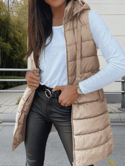 Women's Long Puffer Vest With Hood Solid Color Sleeveless Winter Outwear For Warmth