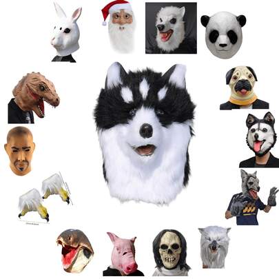 万圣节南瓜恐怖魔鬼面具、圣诞节小丑圣诞老人女巫面具、动物狼鹰手套袜子、猫蛇鲨鱼猪狗恐龙兔子马面具、派对角色扮演服装道具