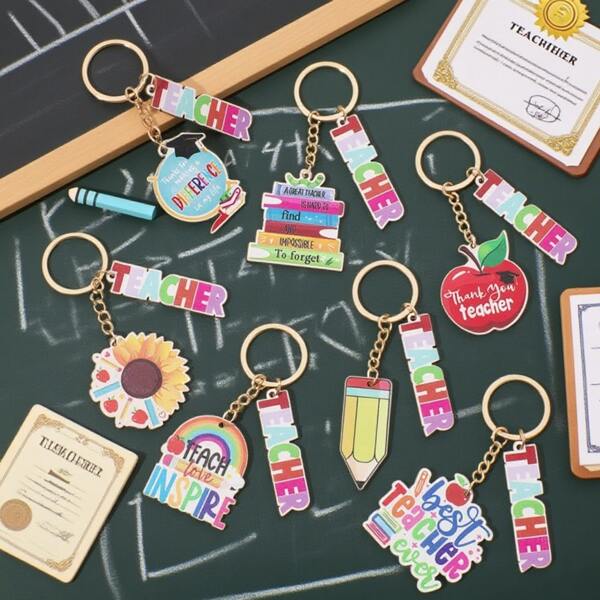 Portachiavi in legno creativo per la Festa dell'Insegnante, portachiavi con stampa di matita, libro, mela, accessori per la scuola e la macchina per la Festa dell'Insegnante, accessori gotici carini in stile Y2K, accessori per borse per la Festa dell'Insegnante, cordini con porta badge