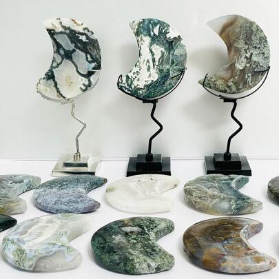 1Set Moss Agate Moon With Holder, Moss Agate Heart With Holder, Moss Agate Flame Carving, Moss Agate Moon Carvings, Crytal Moon, Crystal Heart, Crystal Flame, For Home Decoration, Holiday Gift.