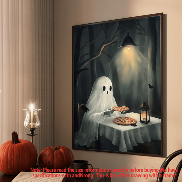 1 Stück, Geist isst Pizza Poster, Vintage Poster, Kunstposter Muster, Dark Academy, Spuk Leinwand, Halloween Dekoration, Halloween Geschenk, Wandkunst mit Rahmen, Wandkunst, Poster, Leinwandmaterial (optionaler Rahmen), Halloween Geschenk, Besonderes Geschenk, Wohndekoration, Küchendekoration, Wohnzimmerdekoration, Schlafzimmerdekoration, Bürodekoration, Trick or Treating