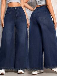 Elegant Wide Leg Denim Jeans - 1pc Solid Color All-Season Washed Medium Stretch Woven Fabric - Frayed Hem Detail For Women