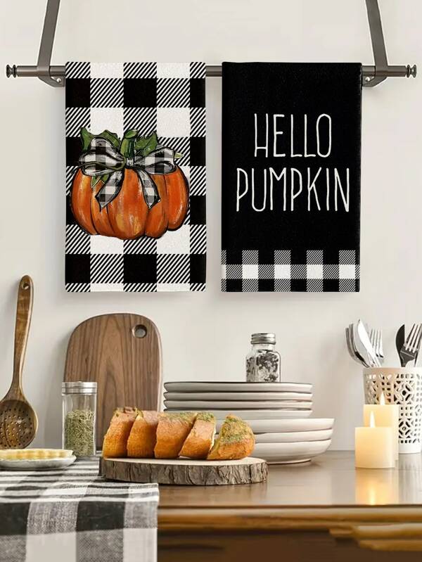 2pcs/4pcs/12pcs Pumpkin Plaid Pattern Autumn Kitchen Dish Towels, Thanksgiving Washing Cloth, Autumn Style, Absorbent & Quick Dry, Extra Fine Fiber Material, Rectangular, 40*60CM Digital Printing Pattern, Suitable For Autumn Kitchen Decoration, Outdoor Party Decoration, Thanksgiving Holiday Gifts, Birthday Presents
