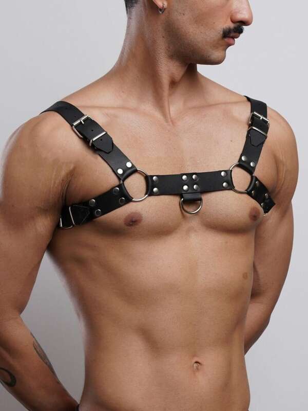 Herren sexy Unterwäsche-Träger, Herren Brustbinder, Herren Binder aus schwarzem PU-Leder - Schulterriemen mit Armband, Valentinstags-Geschenk, Herren sexy Unterwäsche-Accessoires
