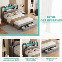 HOKZYHOUSE Cama tapizada 160x200 cm con cinturón ligero y 2 cajones, cama doble, cama juvenil, estructura de cama funcional, cabecero abatible, lino, sin colchón, gris - Gris - Ver 4