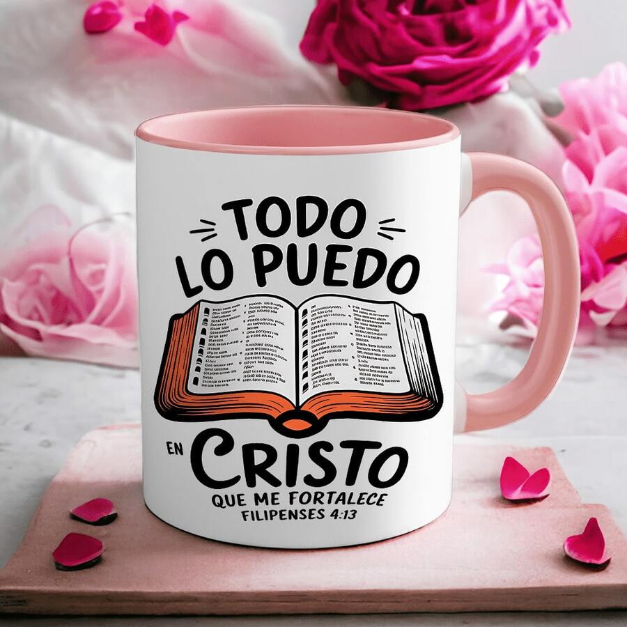1pc, 11oz Ceramic Coffee Mug With Inspirational Spanish Quotes - Insulated, Hand Wash Only - The Perfect Gift For Coffee Lovers, Men And Women - Black & White Design With "El Libro De Cristo" Illustration, Travel Coffee Cup |   Religious Theme Cups - 粉色 - 查看 1