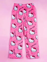 Sanrio Pantaloni de pijama pentru femei de mărime mare, cu imprimeu complet Kawaii, desene animate Hello Kitty, roz, super moi, din flanel, călduroase și groase