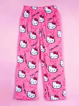 Sanrio Kadınlar için Hello Kitty Desenli, Isı Yalıtımlı, Sıcak ve Tüylü Pijama Altı, Yumuşak Flanel, Sevimli Çizgi Film Desenli Uyku Kıyafeti Altı, Her Yaş İçin Uygun, Sonbahar/Kış