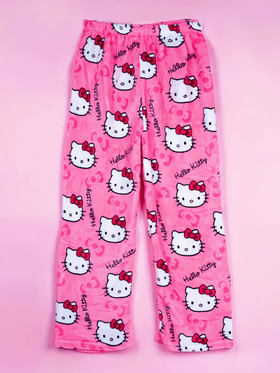 Sanrio Dámské teplé pyžamové kalhoty s celoplošným potiskem Hello Kitty a fleecovou podšívkou, měkké flanelové pyžamové kalhoty s kawaii motivem, vhodné pro všechny věkové kategorie, podzim/zima
