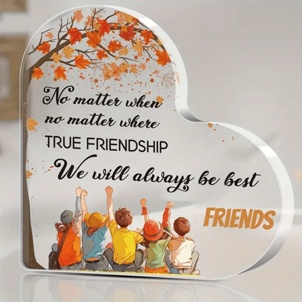 1Pc 2D Planar Transparent Acrylic Heart-Shaped Friendship Desktop Decor - With Motivational Quotes And Autumn Tree Design, Gift For Home Or Office, Cute Decorative Item, Autumn Theme, Lightweight Material, Suitable For Professionals