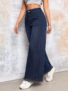 1件优雅阔腿牛仔裤 - 纯色，适合所有季节，中等弹力梭织面料 - 毛边裤脚细节，女士休闲春季单品 - 深色水洗藍 - 查看 2