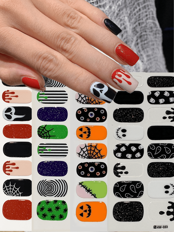 1pc/4pcs Halloween Nail Stickers Spooky & Vibrant Designs! Skulls, Webs, Pumpkins Perfect For Halloween. Easy To Apply, No Drying Time. DIY Salon Like Nails In Minutes. Ideal For Parties, Costumes, Trick Or Treating!