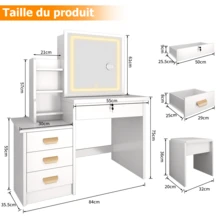 JANZDIYS LED Mirror Vanity Table With Stool - 55*40*136 Cm - 3 Adjustable Lighting Modes - With 2 Outlets & 2 USB Ports - White - trắng - Xem 7