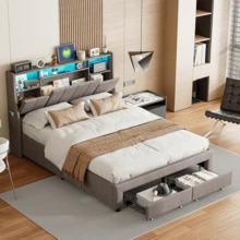 HOKZYHOUSE Cama tapizada 160x200 cm con cinturón ligero y 2 cajones, cama doble, cama juvenil, estructura de cama funcional, cabecero abatible, lino, sin colchón, gris - Gris - Ver 2