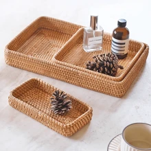 1pc Natural Handmade Rattan Dining Tray, Japanese Square Multipurpose Fruit Platter Storage Box, Suitable For Restaurant/Outdoor Picnic, Home Storage, Wedding Decor, Fruit Basket